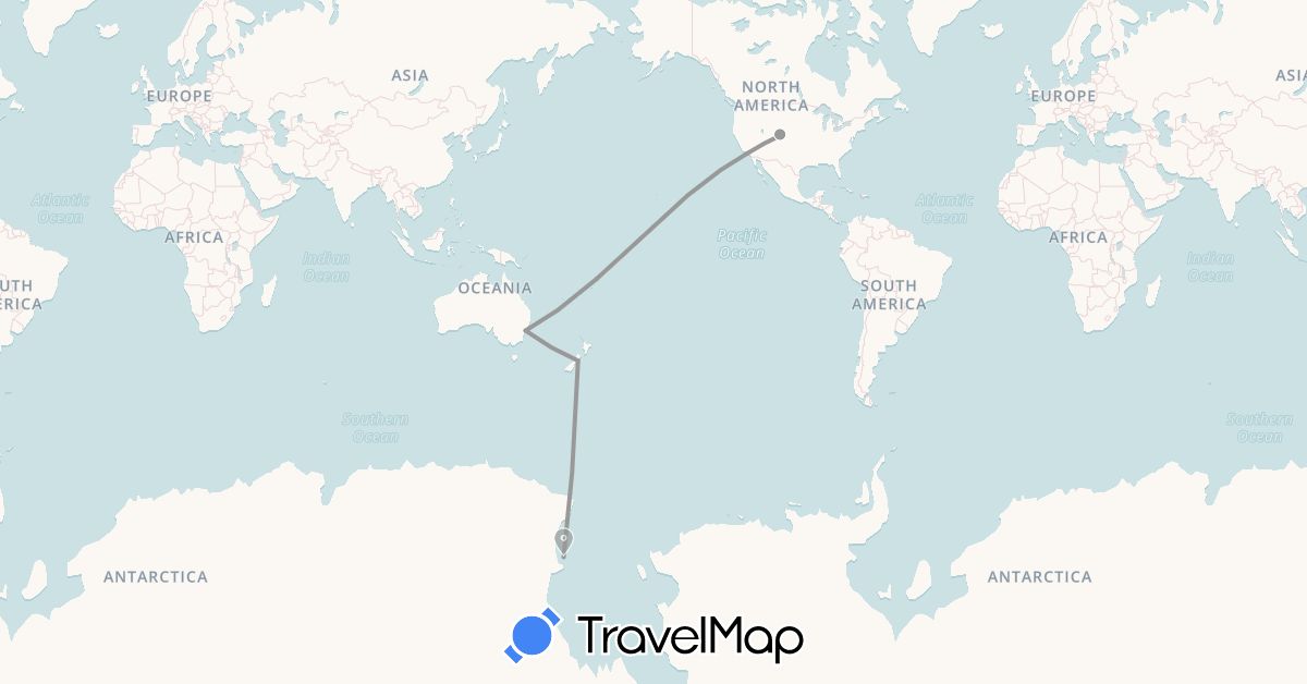 TravelMap itinerary: bus, plane in Antarctica, Australia, New Zealand, United States (Antarctica, North America, Oceania)